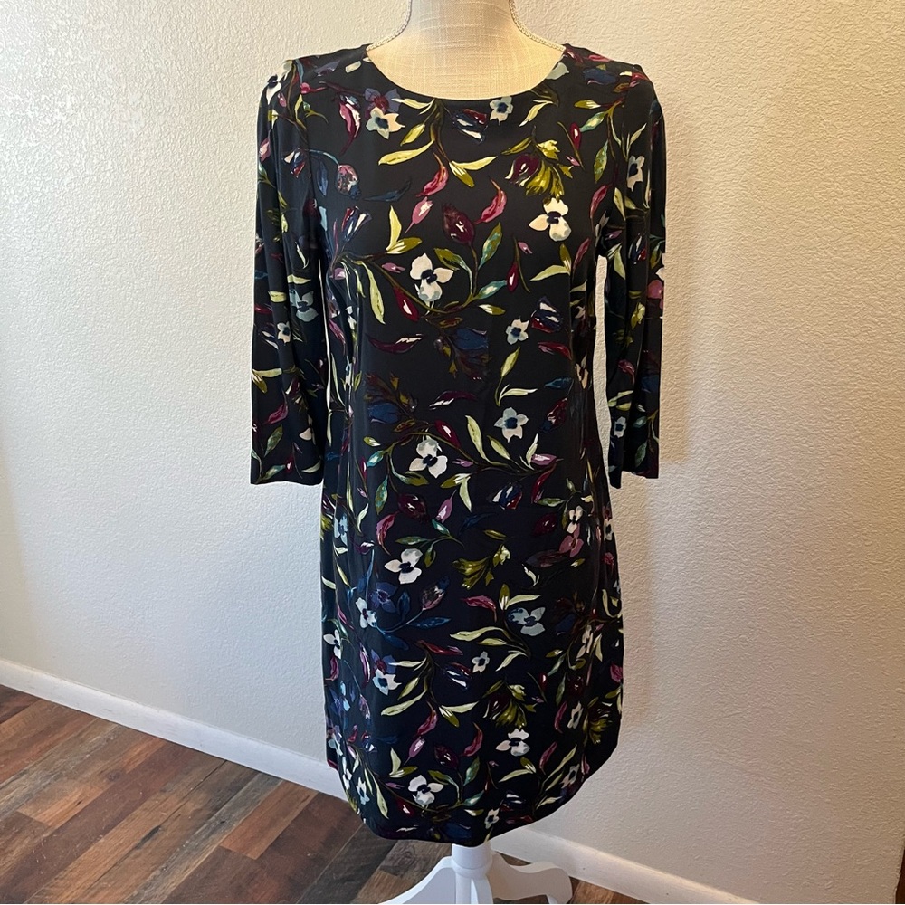 J Jill Blue Floral 3/4 Sleeve Boat Neck Rayon Dress Size XS Petite